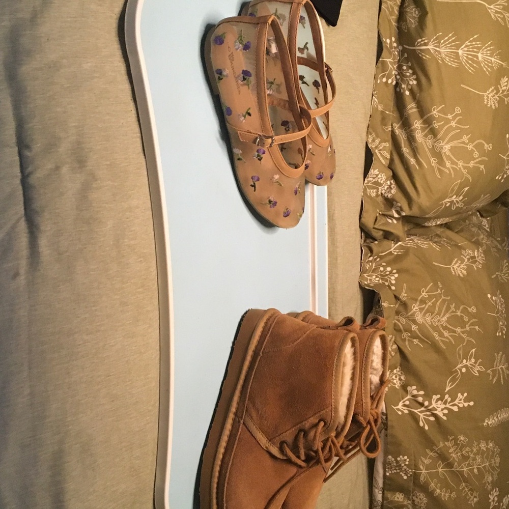 Tan Suede Lace-Up Ankle Boots + Tan Floral Mesh Ballet Flats Duo